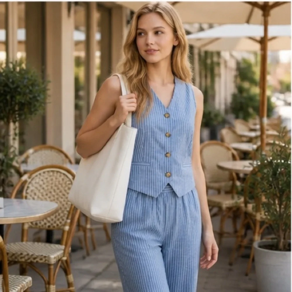 Wren Women’s Light Blue Striped Vest & Wide-Leg Pants Set